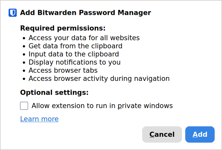 Firefox's prompt to add Bitwarden Password Manager. It lists six required permissions, like accessing your data for all websites and the clipboard, then an optional setting for private windows. There's no data collection section.