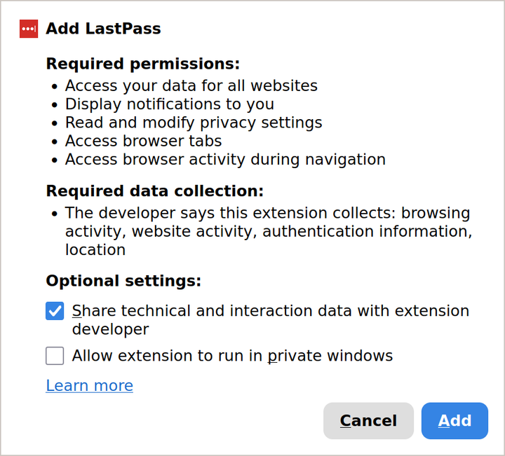 Firefox's prompt to add LastPass. It lists five required permissions, then a Required data collection section saying the developer says it collects browsing activity, website activity, authentication information and location, then a pre-ticked box to share technical and interaction data.