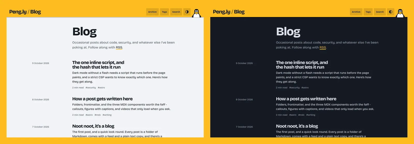 The front page of the blog, in the light theme on the left and the dark one on the right